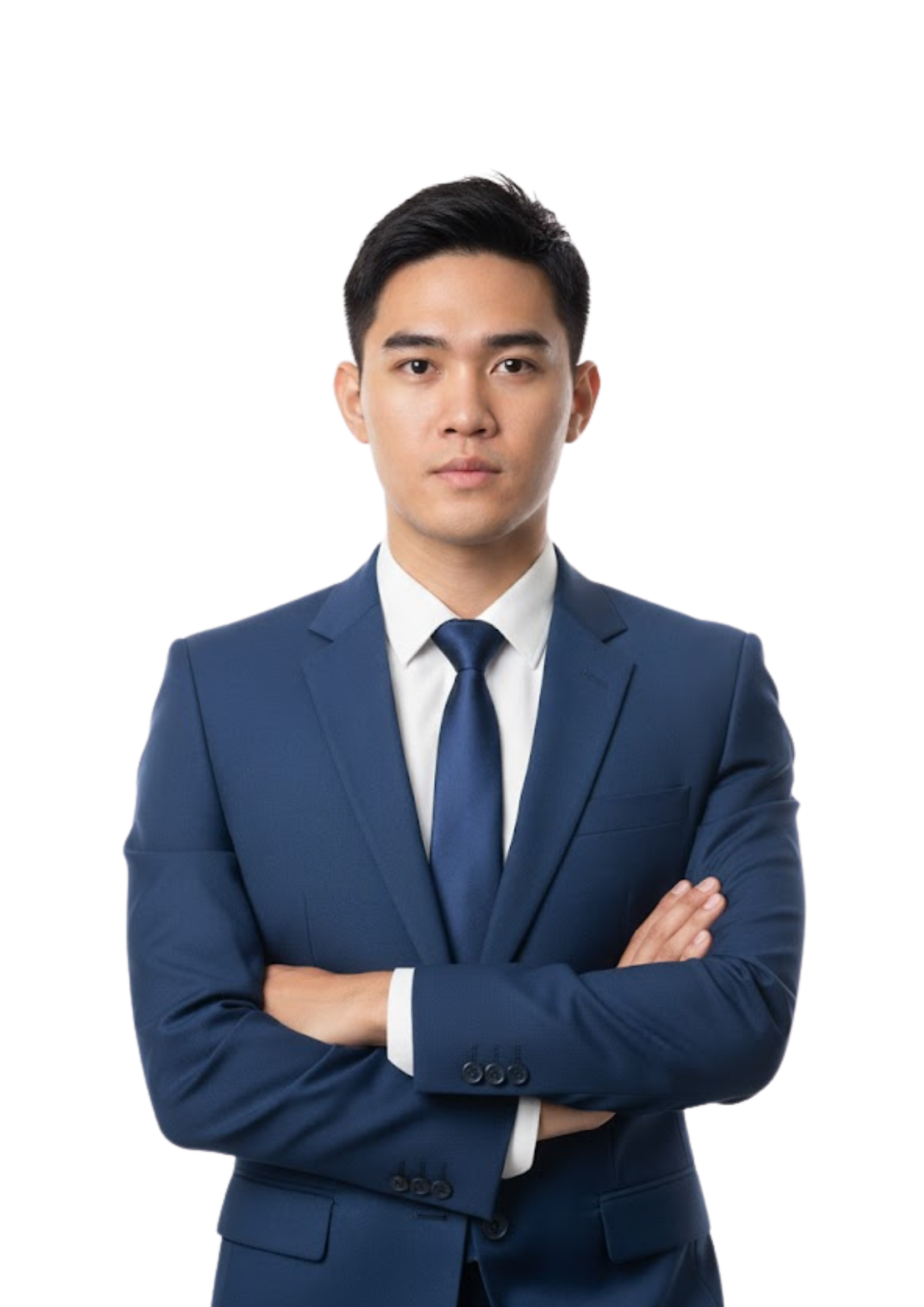 “Man wearing a dark blue suit and tie standing with arms crossed, facing the camera against a white background.”