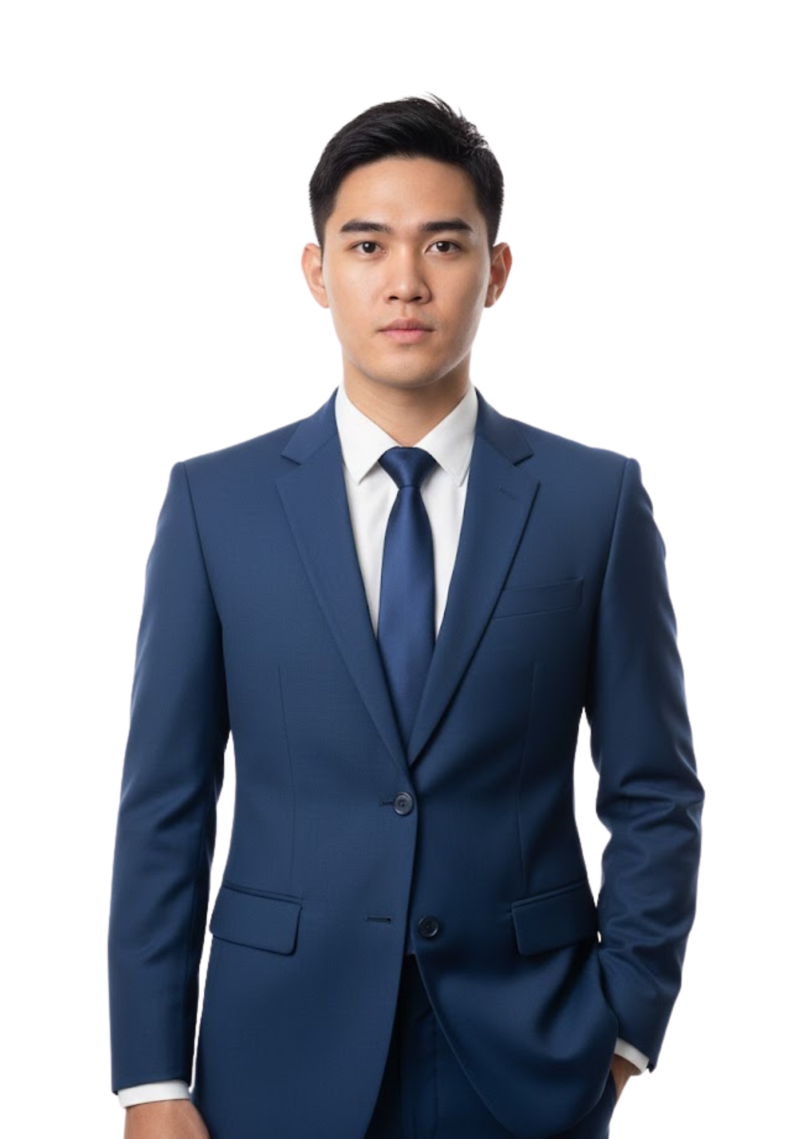 “Man in a dark blue suit and tie standing with one hand in his pocket, looking straight at the camera against a white background.”